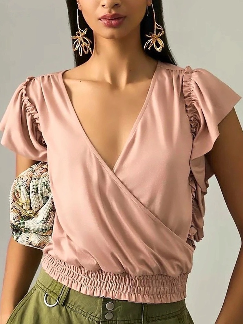 Anthropologie Silky Deep V-Neck Top Pale Pink Size XXS Ruffle Sleeve Wrap Top